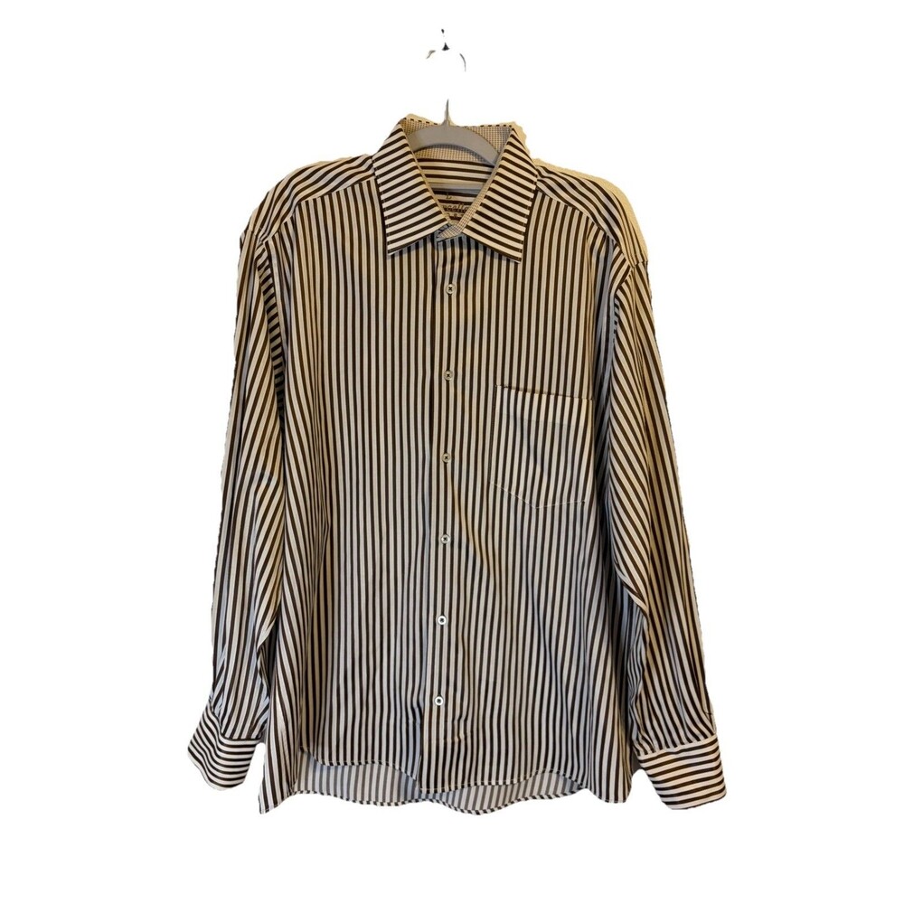 Marcello Sport Men L Straight Brown White NWT Long Sleeve Dress Shirt Wedding